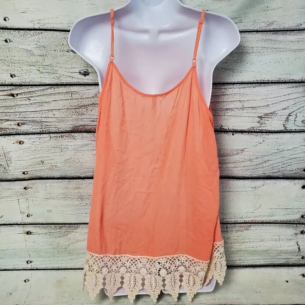 Vanity L Peach Tank Top with Crochet Lace Hem Boho Sleeveless Flowy Blouse